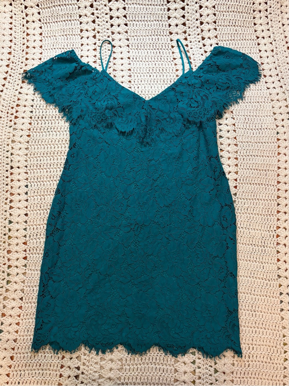Ralph Lauren Teal Alencon Lace Off-The-Shoulder Dress Size 14
